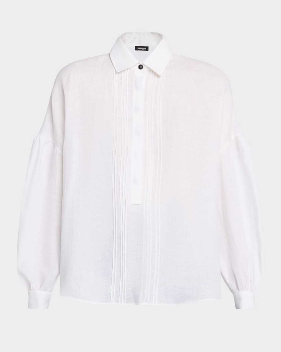 Pleated Puff-Sleeve Linen Button-Down Shirt